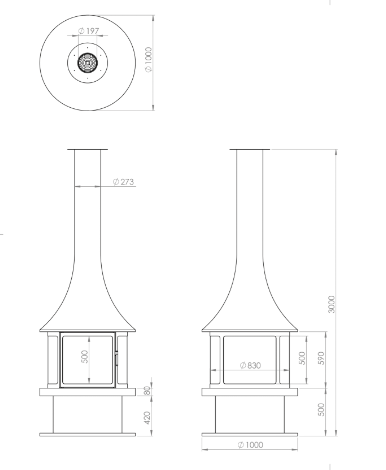 YUVARLAK CAMLI ORTA ŞÖMİNE 90X90